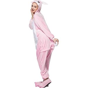 Konijn Roze Onesie Pak Kostuum Outfit Huispak Jumpsuit Verkleedpak - Verkleedkleding - Halloween & Carnaval - SnugSquad - Kinderen & Volwassenen - Unisex - Maat XL voor Lichaamslengte (175 - 195 cm)