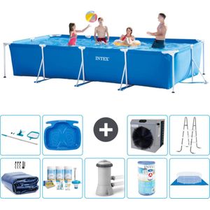 Intex Rechthoekig Frame Zwembad - 450 x 220 x 84 cm - Blauw - Inclusief Solarzeil - Onderhoudspakket - Zwembadfilterpomp - Filter - Grondzeil - Schoonmaakset - Ladder - Voetenbad - Warmtepomp