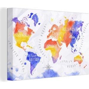 Canvas Wereldkaart - 140x90 - Wanddecoratie Wereldkaart - Waterverf - Rood - Blauw