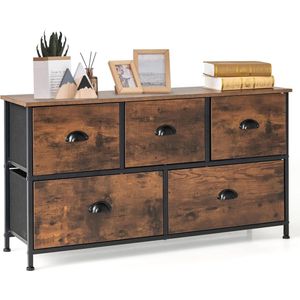 Commode met 5 Laden - Rustiek Bruin Sideboard met Inklapbare Voeten en Stalen Frame