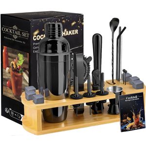ZYLARO Cocktail Set - 24 Delig Cocktailset - Luxe pianozwart - Cocktail shaker (750ml) set met standaard - Incl. Receptenboek- Cadeauverpakking