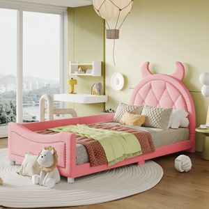 Sweiko Kinderbed, gewatteerd bed 90*200cm, slaapbank, bedframe gemaakt van Teddy stof, multifunctionele rugleuning zacht bed, tienerbed, gastenbed, roze