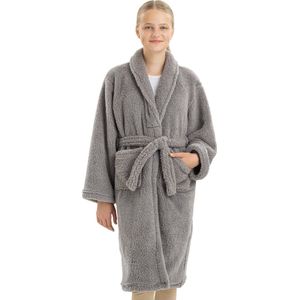HOMELEVEL zijdezachte badjas voor kinderen - Kinderbadjas sherpa fleece - Voor jongens en meisjes - Lichtgrijs - Maat 134/140