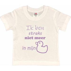 Shirt Aankondiging zwangerschap ""Ik ben straks niet meer in mijn eendje | korte mouw | wit/lila | maat 98/104 zwangerschap aankondiging bekendmaking