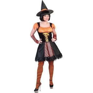 Funny Fashion - Heks & Spider Lady & Voodoo & Duistere Religie Kostuum - Oranje Heks Harrarira - Vrouw - Oranje, Zwart - Maat 36-38 - Halloween - Verkleedkleding