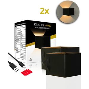 2x K-NATICS Oplaadbare Qube Lamp - Wandlamp - Draadloos - Wandlamp Oplaadbaar - Wandlamp Binnen - 5200mAh - Motion Sensor - Zonder Boren - Muurlamp Binnen Woonkamer/Slaapkamer/Badkamer/Kinderkamer