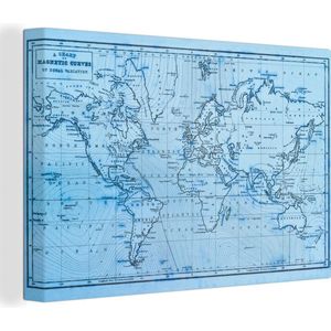 Canvas Wereldkaart - 30x20 - Wanddecoratie Wereldkaart - Blauw - Lijnen