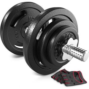 Hop-Sport Gietijzeren Halterset - verstelbare gewichtsschijven van 20 kg (1 x 20 kg) met verchroomde halterstang, antislip handgreep en neopreen trainingshandschoenen voor fitness en krachttraining thuis