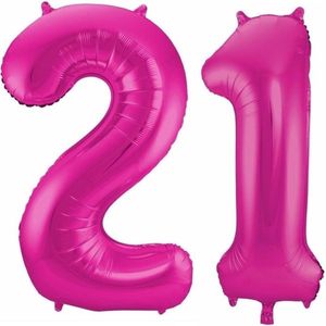 21 jaar roze folie ballonnen 86 cm leeftijd/cijfer - Leeftijdsartikelen 21e verjaardag versiering - Heliumballonnen