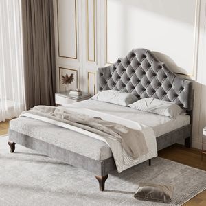 Gestoffeerd bed 90*200 - met lattenbodem en hoofdeinde- Gestoffeerd bed met in hoogte verstelbaar hoofdeinde - Jeugdbed, eenpersoonsbed - Houten lattenbodem, eenvoudige montage - Fluweel - Grijs