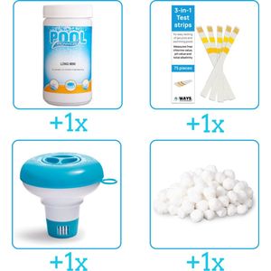 Zwembad Onderhoudsset - Startersset bevat Chloor - Testrips - Chloordrijver en Filterbollen - Starterspakket - Chloortabletten - Voor zwembad met Zandfilterpomp - Voor zwembaden van 2500 tot 25.000 liter (4-delig)
