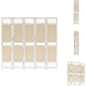 vidaXL Kamerscherm - 5 panelen - 175 x 165 cm - Stevig frame van paulowniahout en MDF - Duurzame stoffen bekleding - Crème en wit - Montage vereist - Kamerscherm