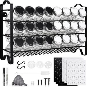 Kruidenrek voor aan de muur en staand met 24 kruidenpotjes van roestvrij staal, kruidenorganizer, kruidenreksysteem, kruidenrek met stickers, trechter, kwast, pen, haken, kruidenrekken