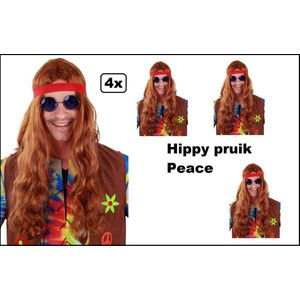 4x Hippie Pruik lang bruin met rode hoofdband - Hippy - Themafeest party 70s and 80s party power flower festival thema