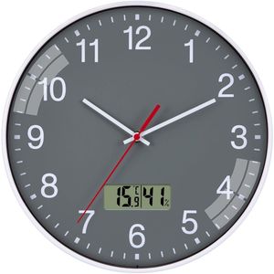 NESIFEE klok met temperatuurweergave Wandklok zonder tikkend geluid Grote 30 cm Stille grijze LCD digitale thermometer Keukenklokken Wandklokken Stille moderne woonkamerklok Badkamerwandklok Stationsklok