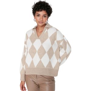 Trendyol Beige Brede Patroon Zachte Textuur Patroon/Jacquard Gebreide Trui Twoaw23Kz00904