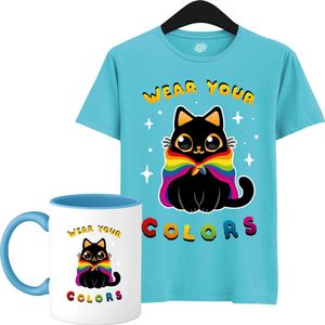 Schattige Pride Vlag Kat - Unisex T-Shirt Mannen en Vrouwen - LGBTQ+ Suporter Kleding - Gay Progress Pride Shirt - Rainbow Community - T-Shirt met mok - Unisex - Atoll Blauw - Maat 3XL