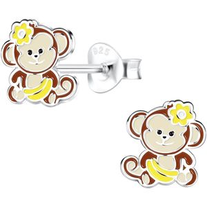 Joy|S - Zilveren aap oorbellen - 7 x 8 mm - met bloemetje en bananen - oorknoppen - kinderoorbellen