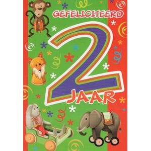 2 jaar van harte gefeliciteerd! Een grappige kaart met allerlei dieren en versieringen in diverse kleuren. Een leuke kaart om zo te geven of om bij een cadeau te voegen. Een dubbele wenskaart inclusief envelop en in folie verpakt.