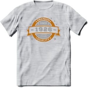 Premium Since 1926 T-Shirt | Zilver - Goud | Grappig Verjaardag en Feest Cadeau Shirt | Dames - Heren - Unisex | Tshirt Kleding Kado | - Licht Grijs - Gemaleerd - XL