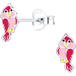 Joy|S - Zilveren vogel oorbellen - 4 x 8 mm - rood roze vogeltje - kinderoorbellen