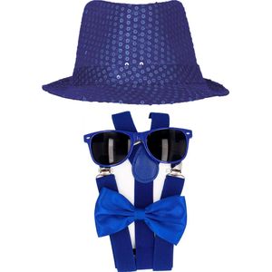 Toppers - Carnaval verkleed set compleet - glitter hoedje/bretels/party bril/strikje - blauw - heren/dames - verkleedkleding