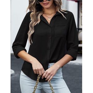Damesblouse met korte mouwen - en lange mouwen - Maat M - Zwart - slim fit - katoen - basic shirt met knoopsluiting - V-hals