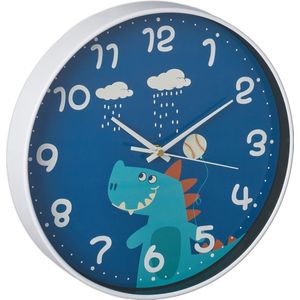 Relaxdays dino klok - Ø 29,5 cm - analoog - kinderklok met cijfers - wandklok kinderkamer