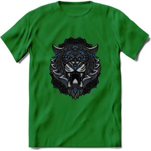 Tijger - Dieren Mandala T-Shirt | Blauw | Grappig Verjaardag Zentangle Dierenkop Cadeau Shirt | Dames - Heren - Unisex | Wildlife Tshirt Kleding Kado | - Donker Groen - 3XL