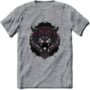 Tijger - Dieren Mandala T-Shirt | Roze | Grappig Verjaardag Zentangle Dierenkop Cadeau Shirt | Dames - Heren - Unisex | Wildlife Tshirt Kleding Kado | - Donker Grijs - Gemaleerd - XL