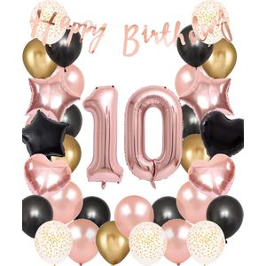 Snoes Ballonnen 10 Jaar Set Rose Black Zwart Ballonen set - Compleet Feestpakket Cijferballon 10 Jaar - Verjaardag Versiering Slinger Happy Birthday – Folieballon – Latex Ballonnen - Helium Ballonnen