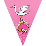 Geboorte thema vlaggenlijn / slinger roze en ooievaar - Meisje geboren feestartikelen en versieringen - 5 meter