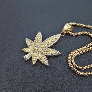 ICYBOY 18K Klassieke Gouden Ketting met Wiet Weed Hemp Leaf Pendant Verguld Goud [GOLD-PLATED] Stainless Steel Hemp Leaf Necklace Crystal Gold Hash Green