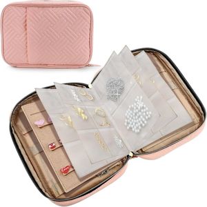 Twenty Two™ Sieraden opbergtas|opbergdoos voor sieraden, oorbellen, armbanden, ringen, kettingen | groot capaciteit met 22 vakjes in verschillende maten| luxe organizer tas | volwassenen/tiener |reisaccessoire, vakantie,camping|roze/goud
