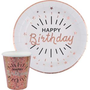 Verjaardag feest bekertjes/bordjes happy birthday - 40x - rose goud - karton