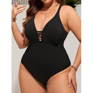 Sexy Badpak- Grote Maat Effen Kleur V-hals Hoog Uitgesneden Ribgebreide stof Zwempak- Badmode Zwemkleding Bikini Tank Strandkleding 997- Zwart- Maat XXL