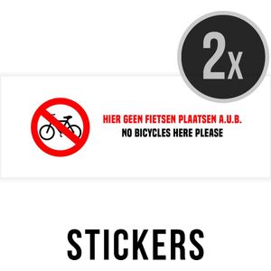 Pictogram/ sticker | ""Gelieve hier geen fietsen te plaatsen/ No bicycles here please"" | 14 x 4 cm | 2 talen | Rijwielen | Overlast | Bikes | Velo | NL - ENG | Witte folie | Raamsticker | 2 stuks