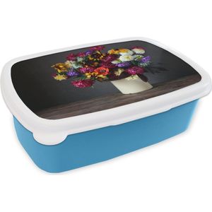 Broodtrommel Blauw - Lunchbox - Brooddoos - Boeket - Kleuren - Stilleven - 18x12x6 cm - Kinderen - Jongen