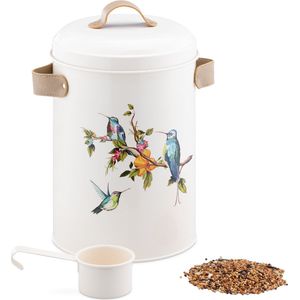 Navaris ijzeren bewaarblik voor vogelvoer - 4,9 L - Bewaardoos met deksel voor zaden of ander diervoeder - Storage box met vogeldesign