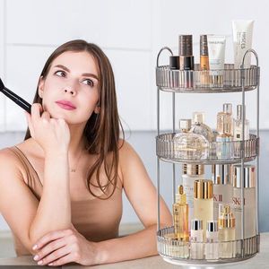 Roterende make-up-organizer voor kaptafel, roterende cosmetische opslag, huidverzorgingshouder voor gezichtscrème, parfum, lotion, lippenstift (3 lagen, grijs)