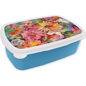 Broodtrommel Blauw - Lunchbox Bloemen - Kunst - Schilderij - Botanisch - Brooddoos 18x12x6 cm - Brood lunch box - Broodtrommels voor kinderen en volwassenen