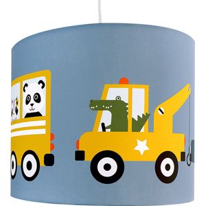 Hanglamp Dieren Onderweg blauw Voertuigen Bus Scooter Takelwagen Auto Sportwagen jongenskamer Verlichting diameter 30cm met pendel voor kinderkamer