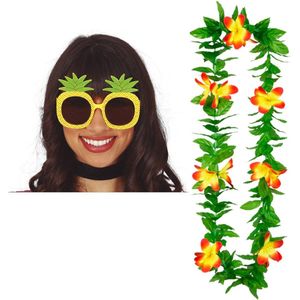 Tropische Hawaii party verkleed accessoires set - Ananas zonnebril - en bloemenkrans geel - voor dames