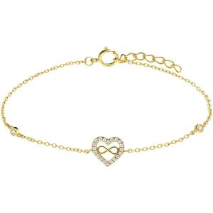 Lucardi Dames Zilveren goldplated armband met hanger hart infinity zirkonia - Armband - 925 Zilver - Goud - 18 cm