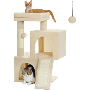 Krabpaal met Dual Condos voor huiskatten, alles-in-één kattenhuis met gevoerde zitstang, krabhelling en palen en verwisselbare ballen, grijs