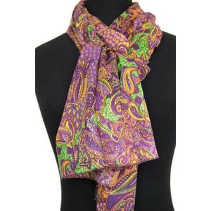 Dames sjaal - katoen - paisley motieven - paars - roze - groen - oranje - geel - creme -  50 x 180 cm