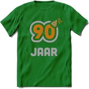 90 Jaar Feest T-Shirt | Goud - Zilver | Grappig Verjaardag Cadeau Shirt | Dames - Heren - Unisex | Tshirt Kleding Kado | - Donker Groen - S