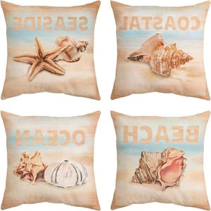 Trankielo - Nautische Kussenhoesjes Set van 4 - Strand Zeester 45x45cm Boot Auto Kussenhoezen voor Buiten - Restaurant.