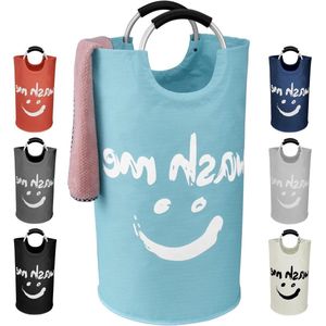 Opvouwbare wasmand met handgrepen en smiley-patroon - 600D Oxford-stof - Verticale opbergmand voor wasruimte en badkamer (115 l blauw)
