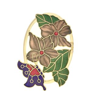 Behave®  Broche vlinder op bloemen blauw bruin groen - emaille sierspeld -  sjaalspeld